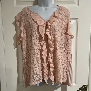Soft Pink Lace and Ruffle Sleeveless Blouse. Lane Bryant